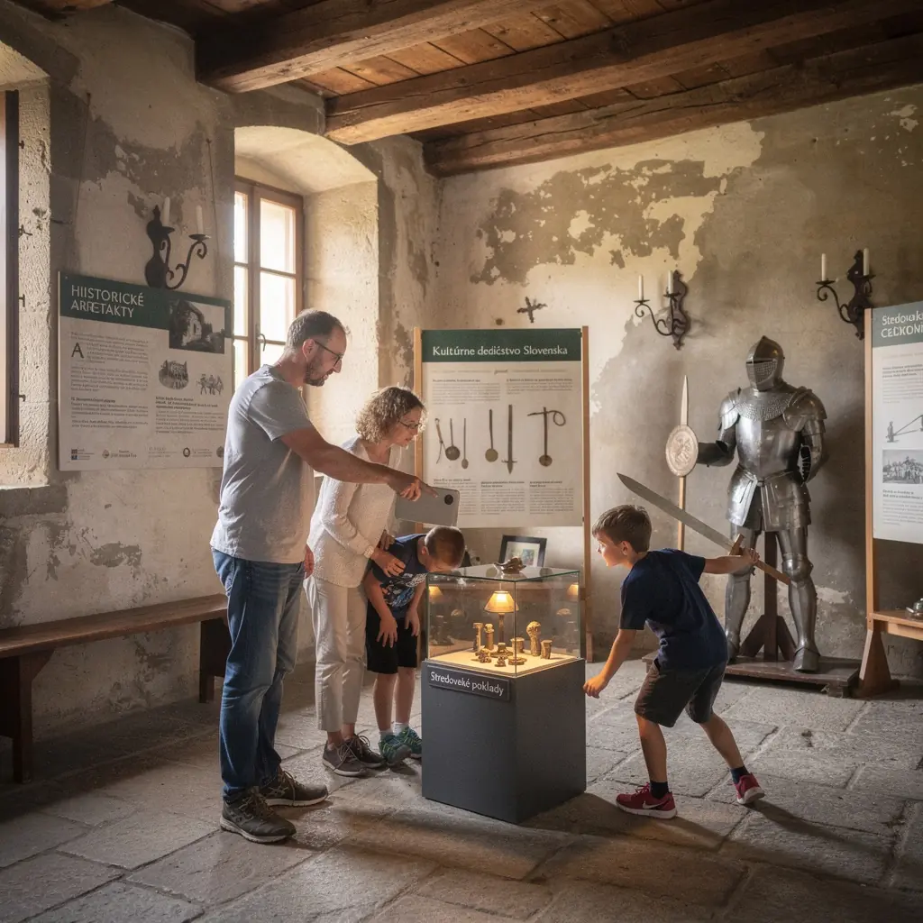A scenic view of a family hiking along a trail surrounded by lush greenery in the Slovak countryside.